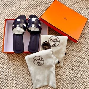 Hermes Oran Slides Sandals Size 39.5 Blue Indigo (RARE)